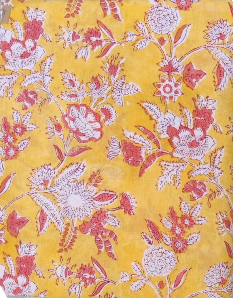 Yellow Floral Hand Block Print Cotton Fabric: Soft Indian Textile
