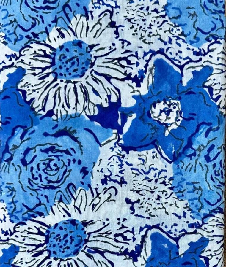 Blue Floral Cotton Fabric by the Yard, Hand Block Print Cotton Fabric, Quilting Fabric, Boho Home Decor & Dressmaking Fabric, Running Fabric