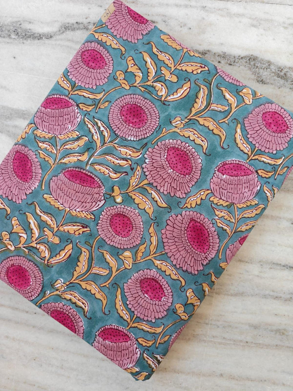 Teal Blue Floral Cotton Fabric, Pink Block Print Fabric, Indian Hand Printed Textile, Boho Sewing Fabric by Yard, Fabric For Dress Making