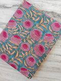 Teal Blue Floral Cotton Fabric, Pink Block Print Fabric, Indian Hand Printed Textile, Boho Sewing Fabric by Yard, Fabric For Dress Making