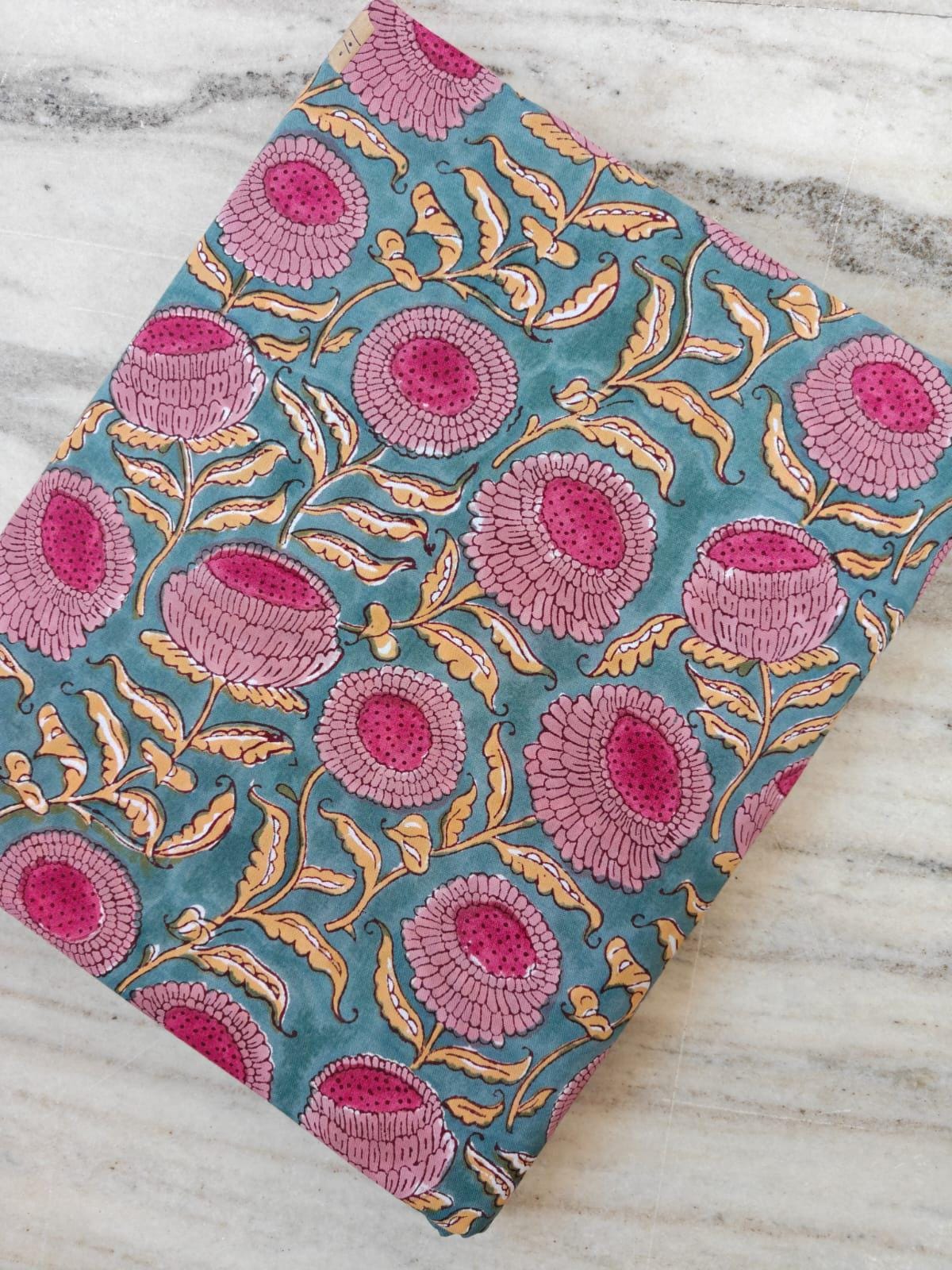 Teal Blue Floral Cotton Fabric, Pink Block Print Fabric, Indian Hand Printed Textile, Boho Sewing Fabric by Yard, Fabric For Dress Making