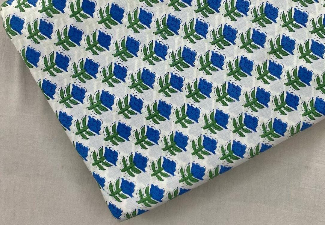 Blue Floral Cotton Fabric, Hand Block Print Style, Small Repeat Flower Fabric, Indian Cotton Fabric, Soft Craft & Quilting Fabric by Yard