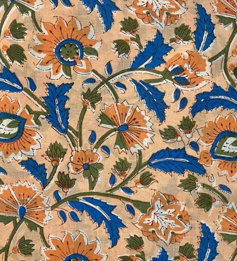 Indian Hand Block Print Fabric, Floral 100% Cotton Quilting Fabric By The Yard, Fabric For Dress Making, Loose Running Fabric, Napkin Fabric