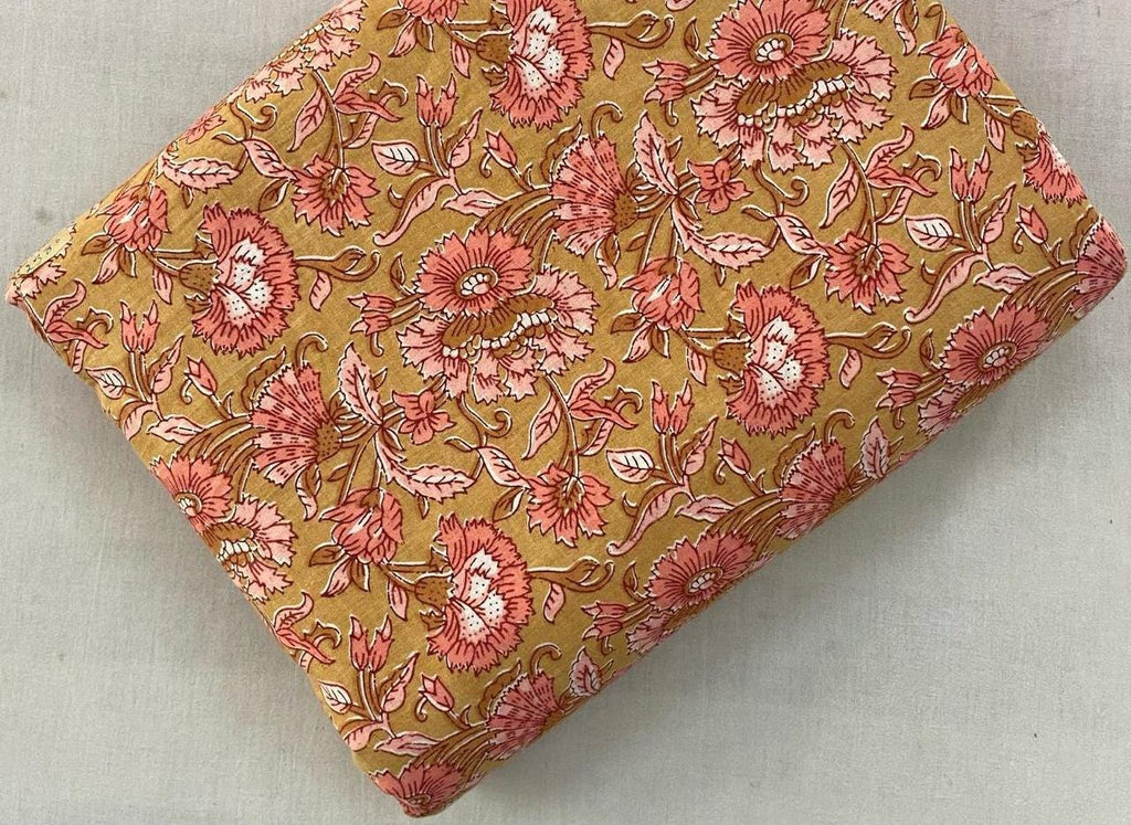 Hand Block Print Cotton Fabric: Red Green Floral Quilting Fabric