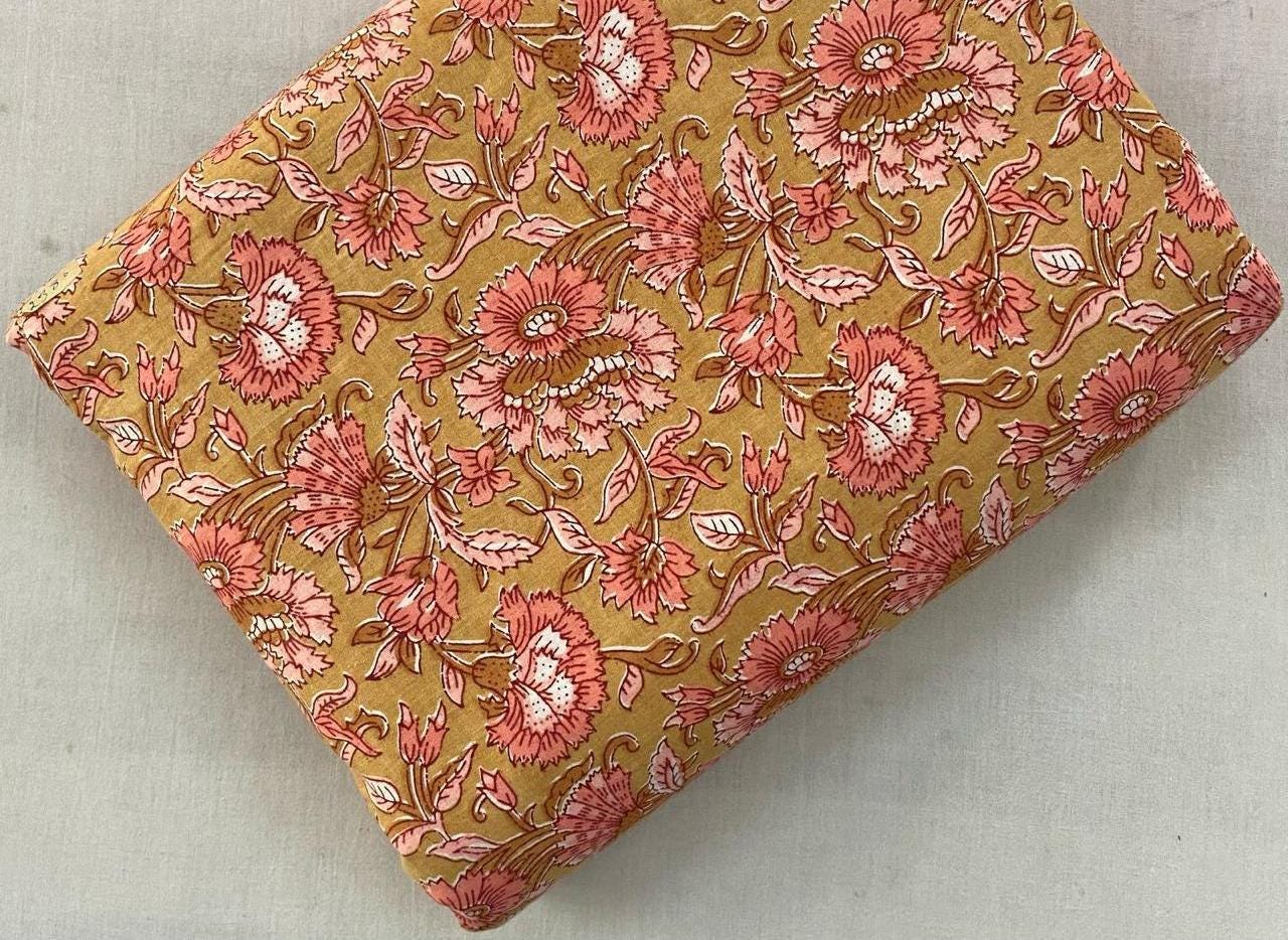 Hand Block Print Cotton Fabric: Red Green Floral Quilting Fabric