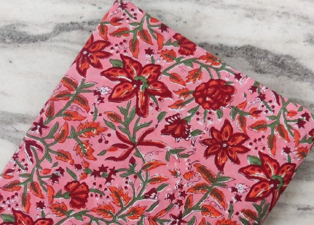 Pink Floral Cotton Fabric, Red Orange Hand Block Print Fabric By The Yard, Indian Soft Cotton for Quilting, Dressmaking, Sewing & Crafts
