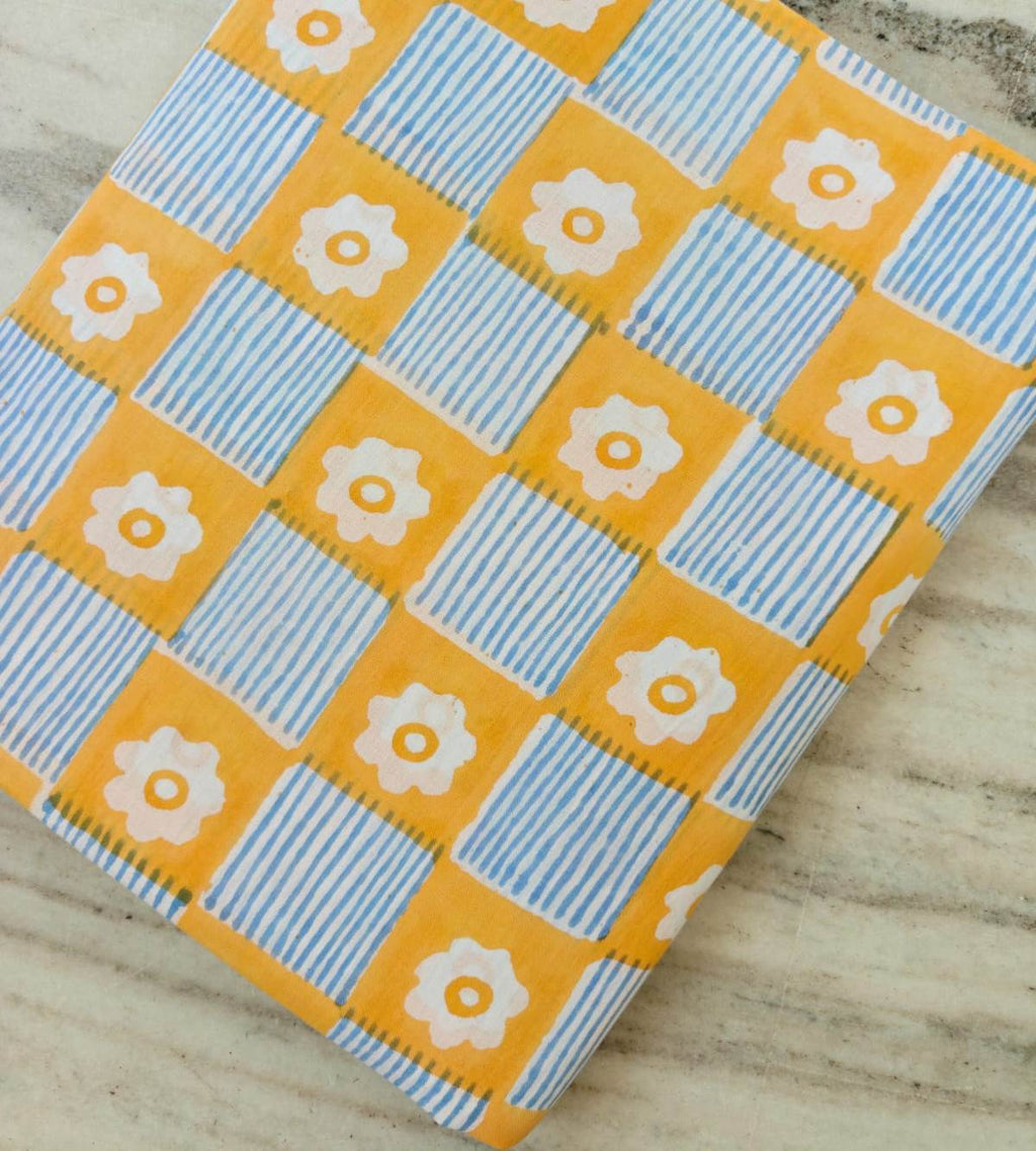 Yellow Floral Check Cotton Fabric by Yard, Retro Geometric Cotton Fabric, Blue Stripe Printed Fabric, Sewing Craft Fabric, Loose Fabric