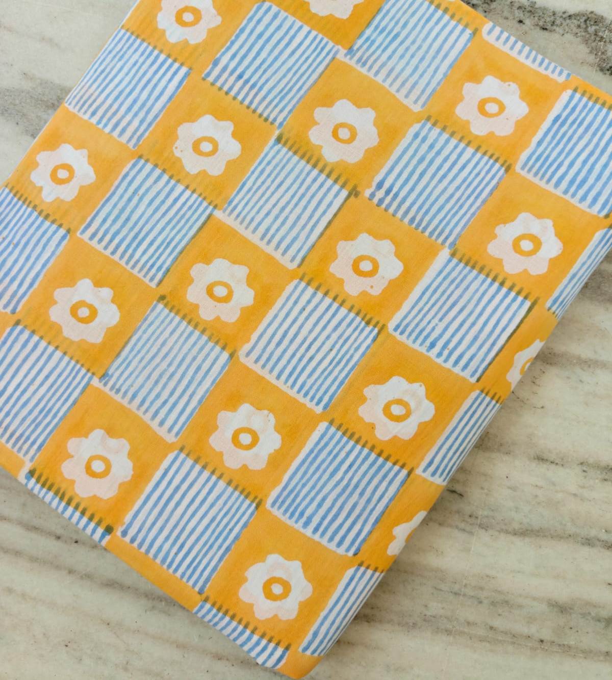 Yellow Floral Check Cotton Fabric by Yard, Retro Geometric Cotton Fabric, Blue Stripe Printed Fabric, Sewing Craft Fabric, Loose Fabric