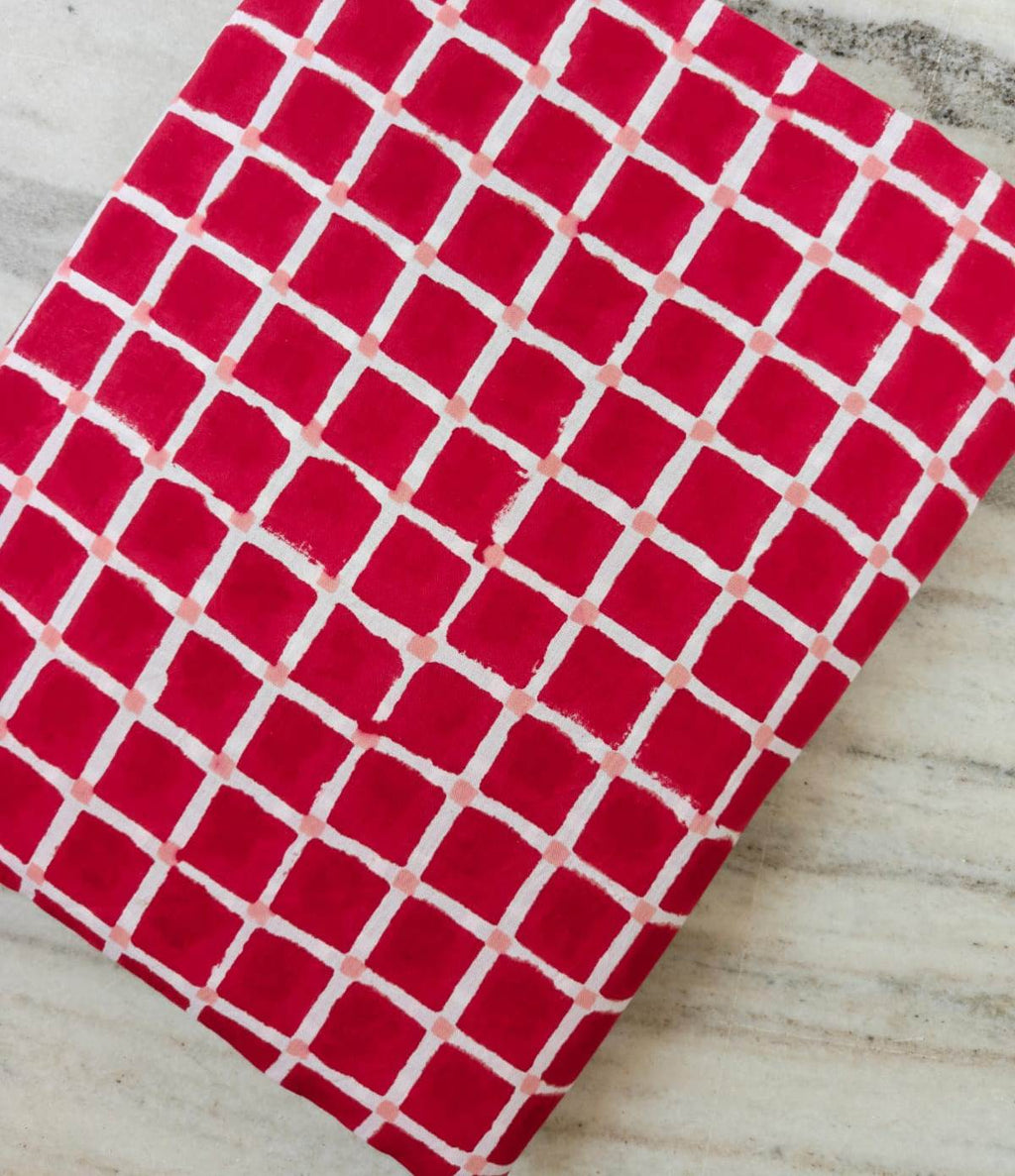 Red Checkered Cotton Fabric, Geometric Grid Print Fabric by Yard, Modern Cotton Fabric for Quilting Sewing Craft Dressmaking, Running Fabric