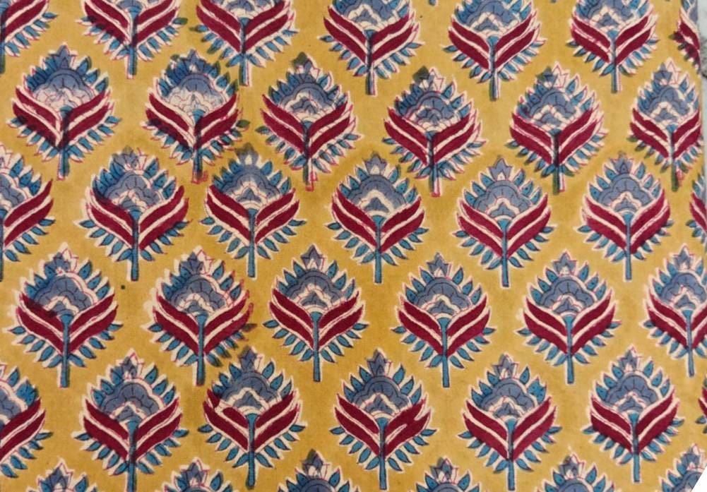 Mustard Yellow Floral Cotton Fabric by Yard – Hand Block Print Leaf Pattern – Indian Printed Fabric for Dressmaking, Quilting & Craft Sewing