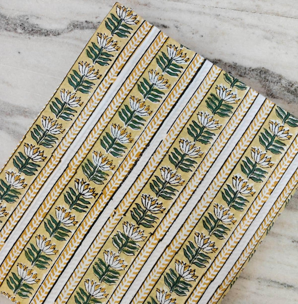 Yellow Floral Stripe Block Print Cotton Fabric, Hand Block Printed Indian Cotton Fabric By The Yard, White Lotus Buta Fabric for Dressmaking