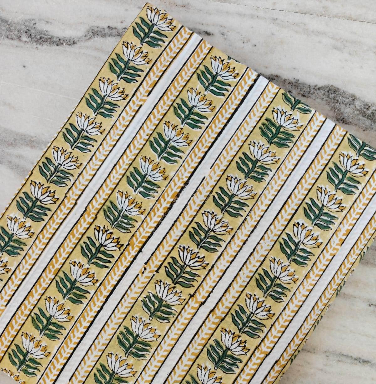 Yellow Floral Stripe Block Print Cotton Fabric, Hand Block Printed Indian Cotton Fabric By The Yard, White Lotus Buta Fabric for Dressmaking