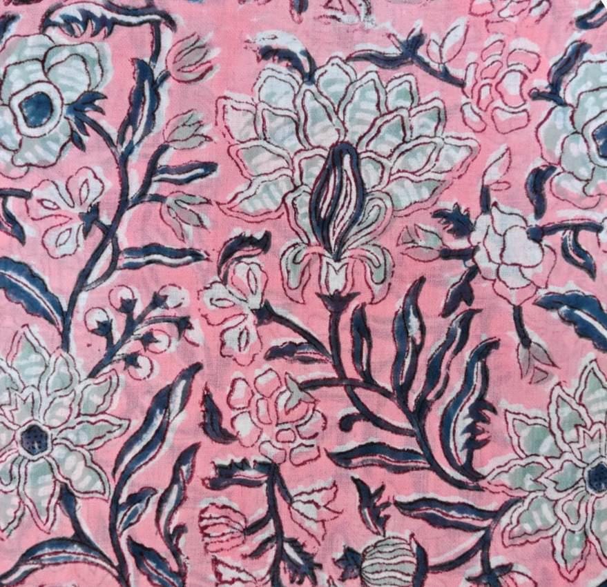Pink Floral Cotton Fabric, Vintage Botanical Vine Print Fabric, Blue Green Flower Pattern Fabric, Sewing Craft Dressmaking Cotton Textile