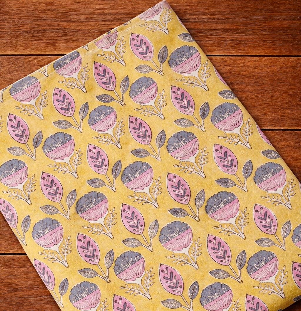 Yellow Floral Block Print Cotton Fabric, Hand Printed Indian Cotton Fabric, Soft Cotton Textile, Sewing Quilting For Dress Making Fabric