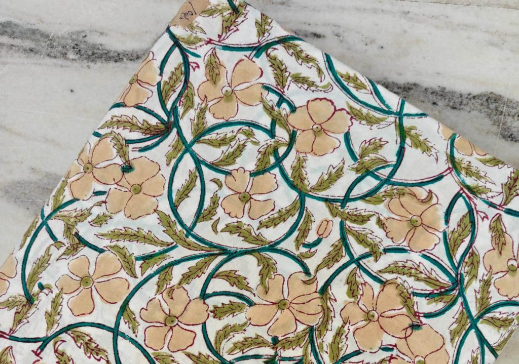 Floral Cotton Fabric, Peach Floral Block Print Fabric, Indian Hand Printed Fabric by the Yard, Cotton Fabric, Table Cover Fabric, Napkins