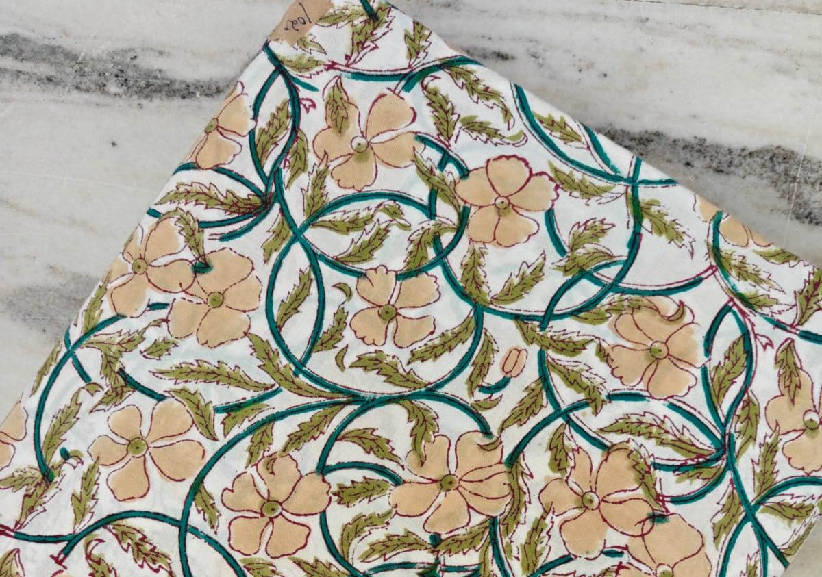 Floral Cotton Fabric, Peach Floral Block Print Fabric, Indian Hand Printed Fabric by the Yard, Cotton Fabric, Table Cover Fabric, Napkins