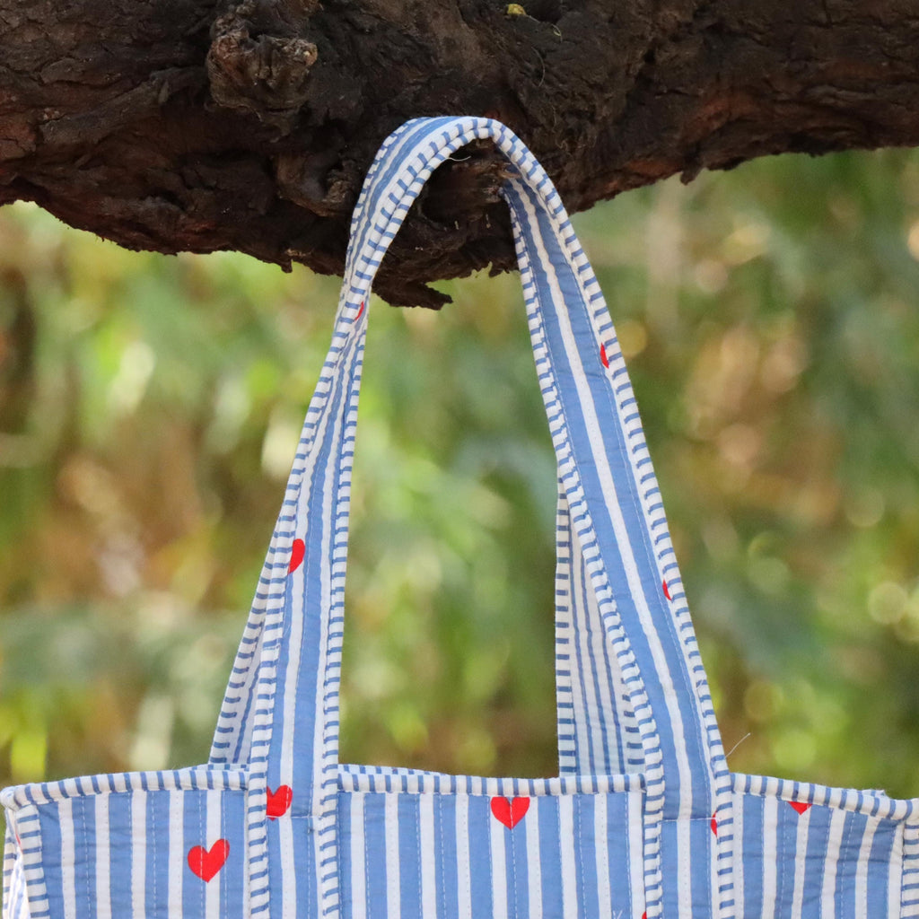 Handmade Quilted Tote Bag, Blue and White Stripe with Red Hearts