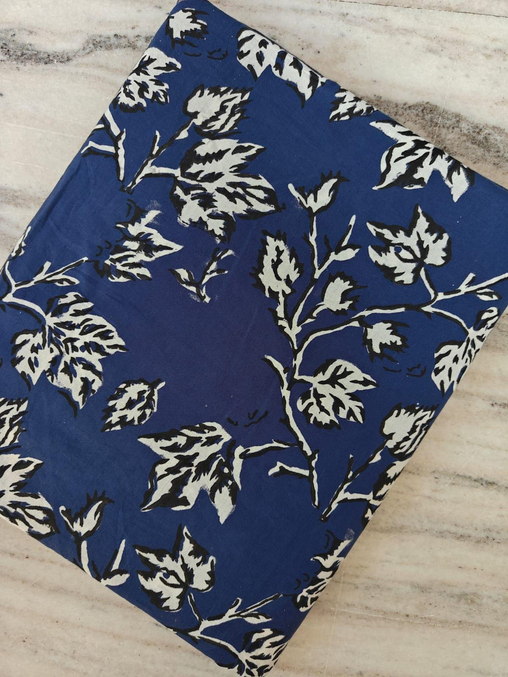 Navy Blue & White Floral Cotton Fabric, Hand Block Print Indigo Blue Leaf Printed Cotton, Indian Dressmaking Quilting Fabric by the Yard