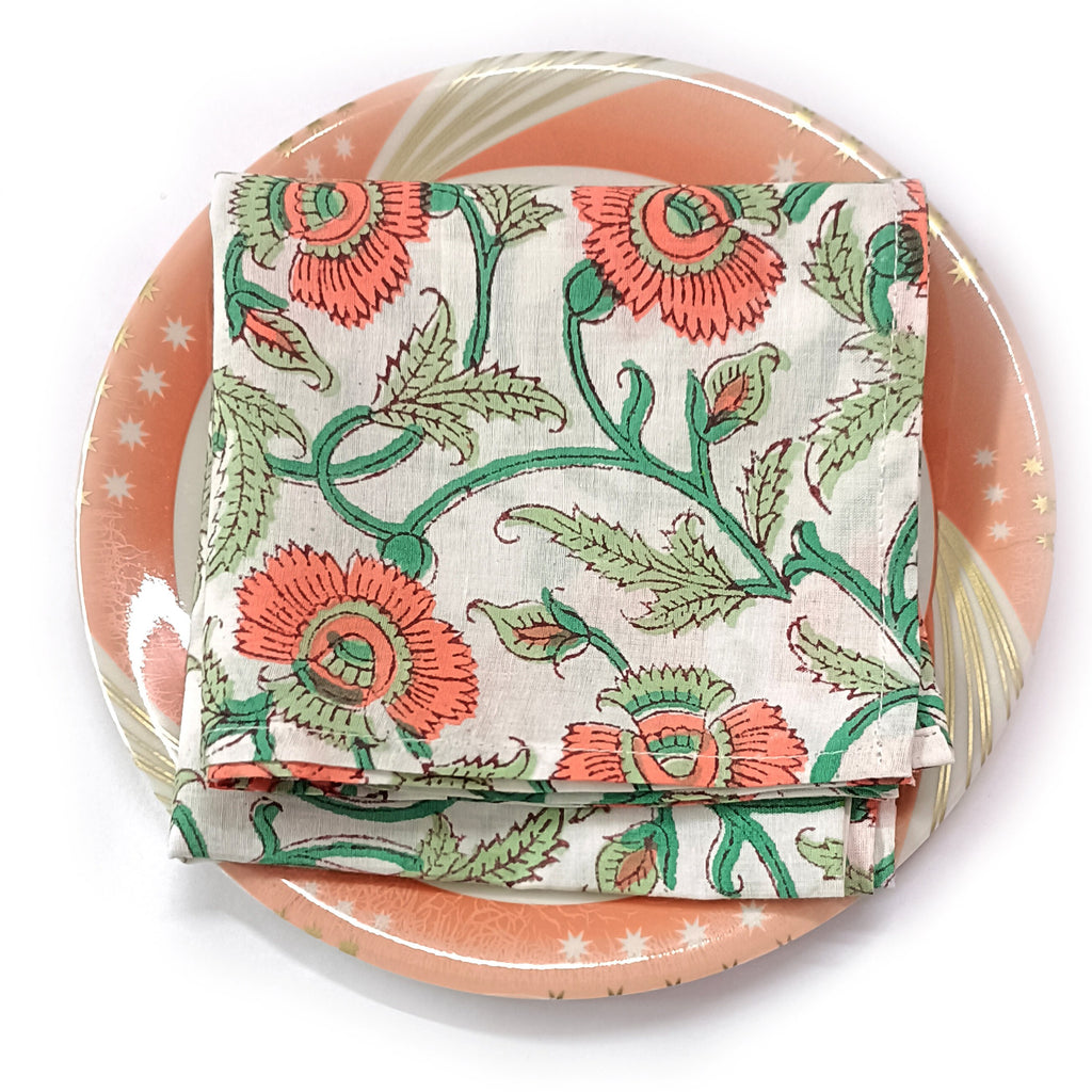 Hand Block Printed Cotton Napkins: Indian Floral Dinner Napkins, 18x18 Inches
