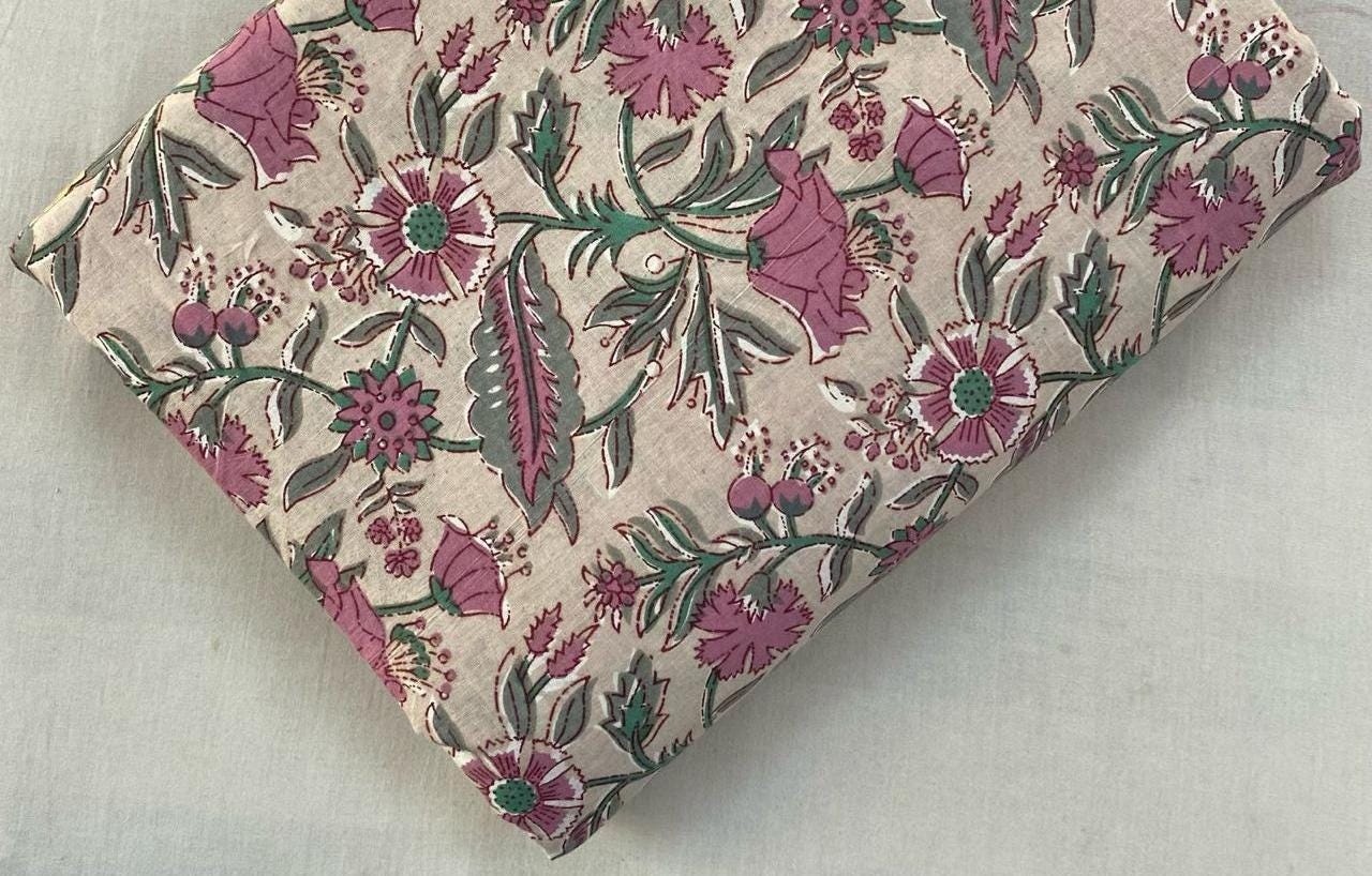 Hand Block Print Cotton Fabric: Indian Floral Quilting Fabric By The Yard