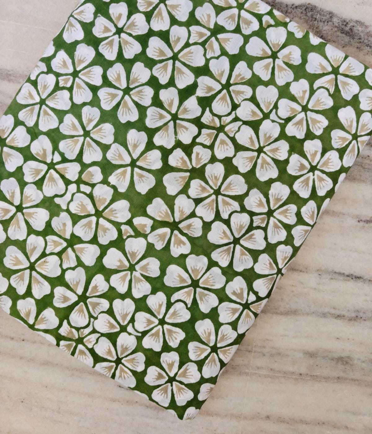 Green Floral Cotton Fabric, White Flower Print Fabric, Botanical Cotton Fabric by the Yard, Block Print Style Fabric, Quilting Sewing Fabric