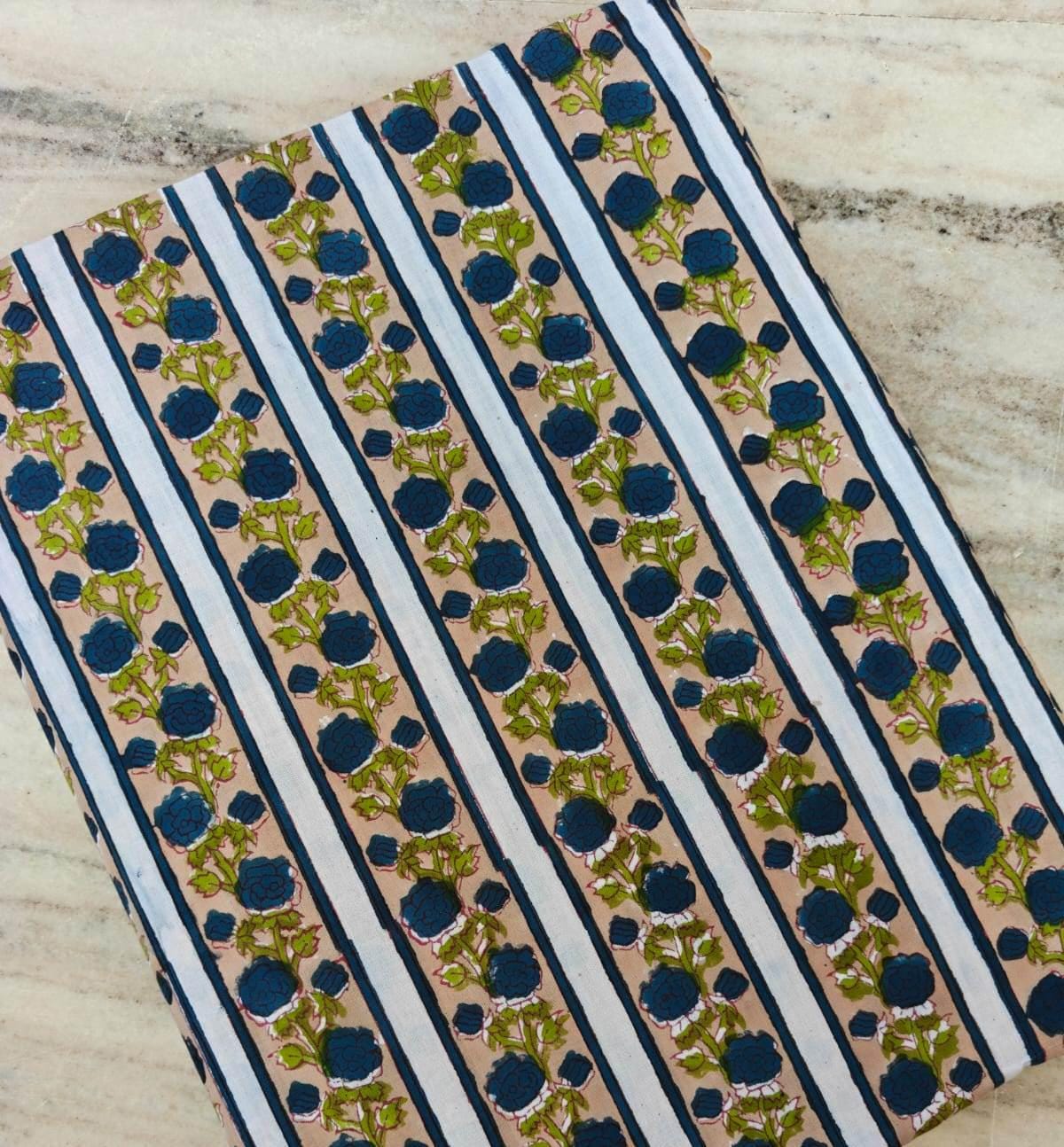 Black Floral Stripe Cotton Fabric by Yard, Blue Flower Cotton Fabric, Indian Block Print Fabric, Striped Floral Cotton for Dress Making