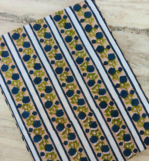 Black Floral Stripe Cotton Fabric by Yard, Blue Flower Cotton Fabric, Indian Block Print Fabric, Striped Floral Cotton for Dress Making
