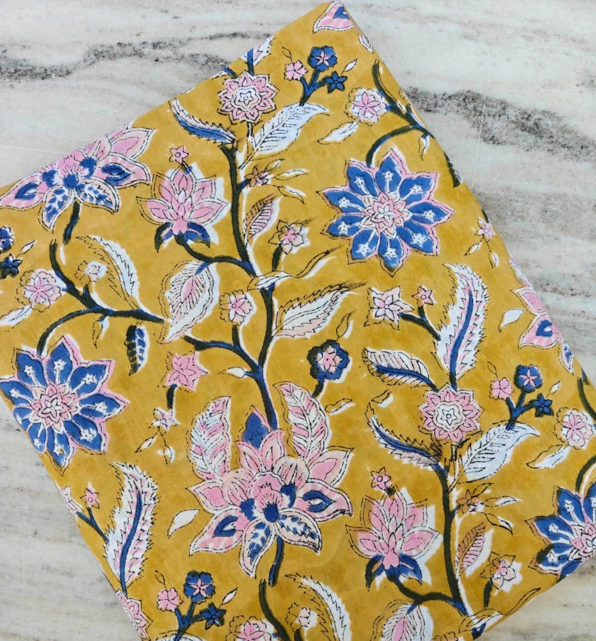 Mustard Yellow Floral Cotton Fabric by the Yard, Pink Blue Block Print Fabric, Hand Block Print Cotton, Boho Dressmaking & Quilting Fabric