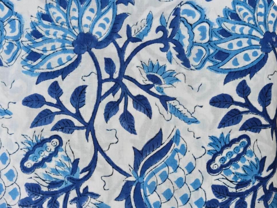 Blue Floral Cotton Fabric, Hand Block Print Indian Fabric, Large Lotus Flower Print, Soft Cotton Fabric for Sewing Quilting Upholstery Craft