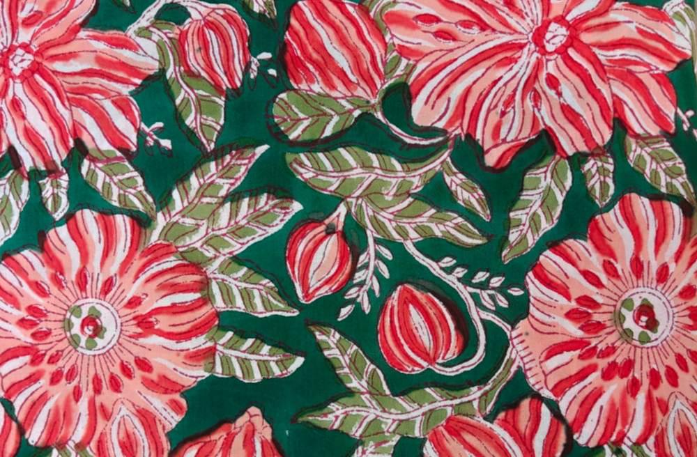 Green Red & Pink Indian Hand Block Print Fabric, 100% Cotton Quilting Fabric By The Yard, Fabric For Dress Making, Loose Running Fabric