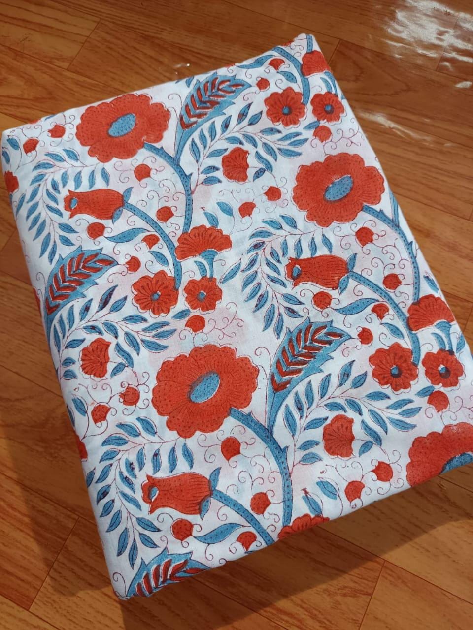 Red Blue Floral Cotton Fabric | Hand Block Print Fabric by Yard | Soft Cotton for Quilting, Dressmaking | Home Decor Fabric | Running Fabric