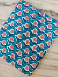 Blue Green Indian Hand Block Print Fabric, Floral 100% Cotton Quilting Fabric By The Yard, Dressmaking Fabric, Napkins Fabric, Loose Fabric