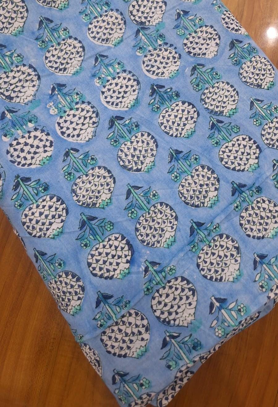 Blue Floral Cotton Fabric, Hand Block Print Fabric, Indian Cotton Fabric by Yard, Soft Quilting Fabric, Craft Sewing Fabric, Dressmaking