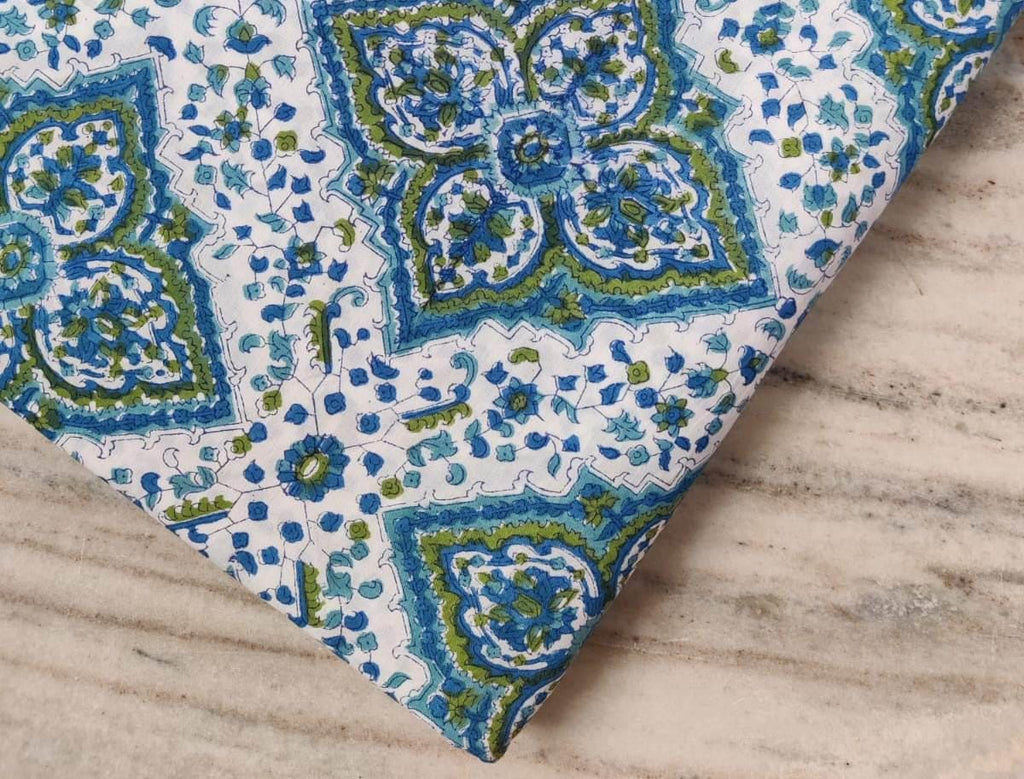 Blue Green Floral Tile Cotton Fabric by the Yard, White Base Block Print Fabric, Indian Cotton for Quilting, Dressmaking, Sewing & Crafts