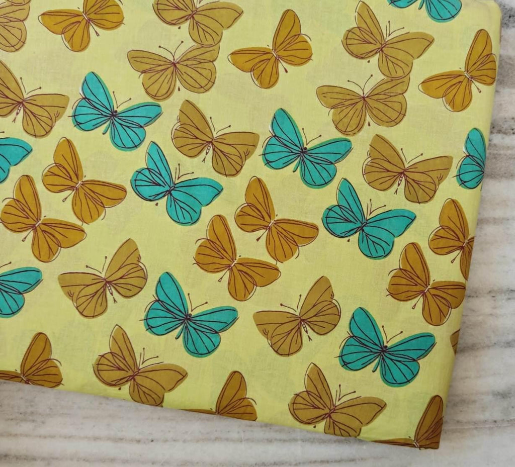Yellow Butterfly Cotton Fabric, Teal & Mustard Butterfly Print, Quilting Fabric by the Yard, Sewing Craft Fabric, Summer Fabric Dressmaking