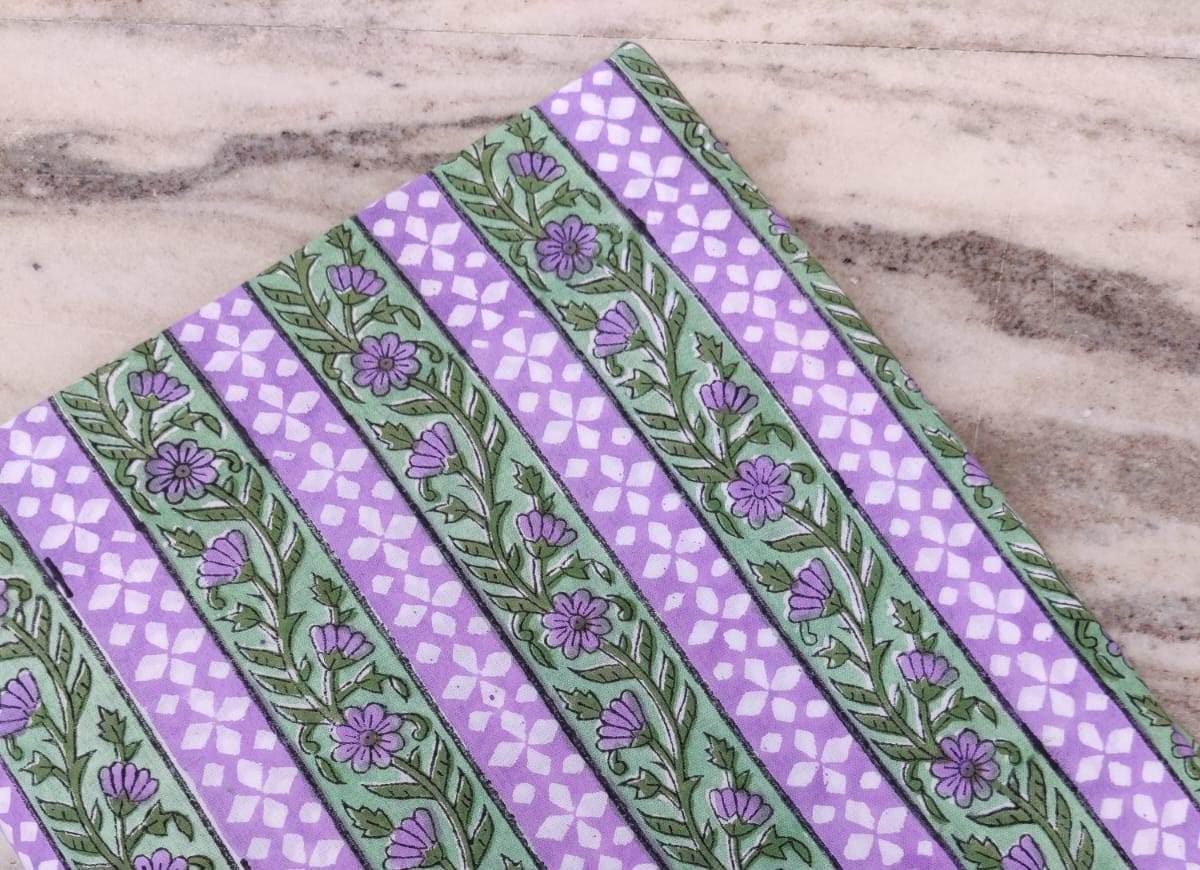 Lilac Stripe Cotton Fabric by the Yard, Hand Block Print Floral Fabric, Indian Cotton for Quilting, Sewing, Crafts & Dressmaking Gift Fabric