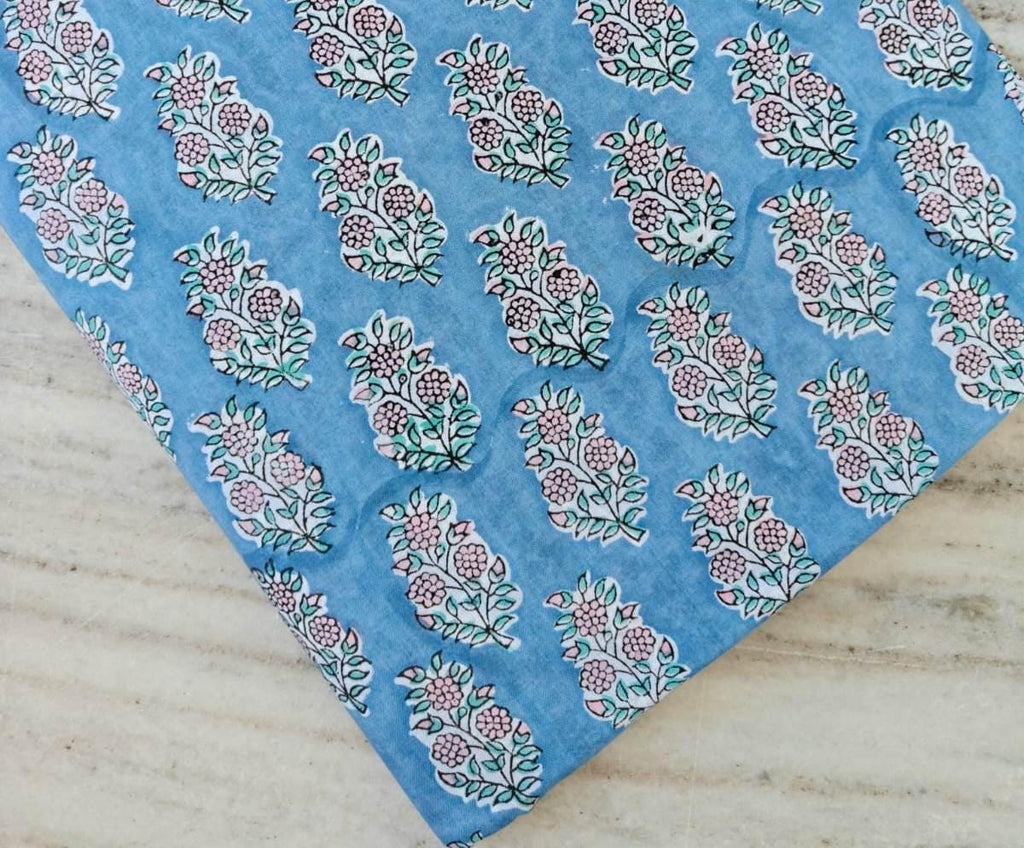 Blue Hand Block Print Cotton Fabric, White Floral Indian Fabric by the Yard, Fabric For Dressmaking, Loose Running Fabric, Personlized Gift
