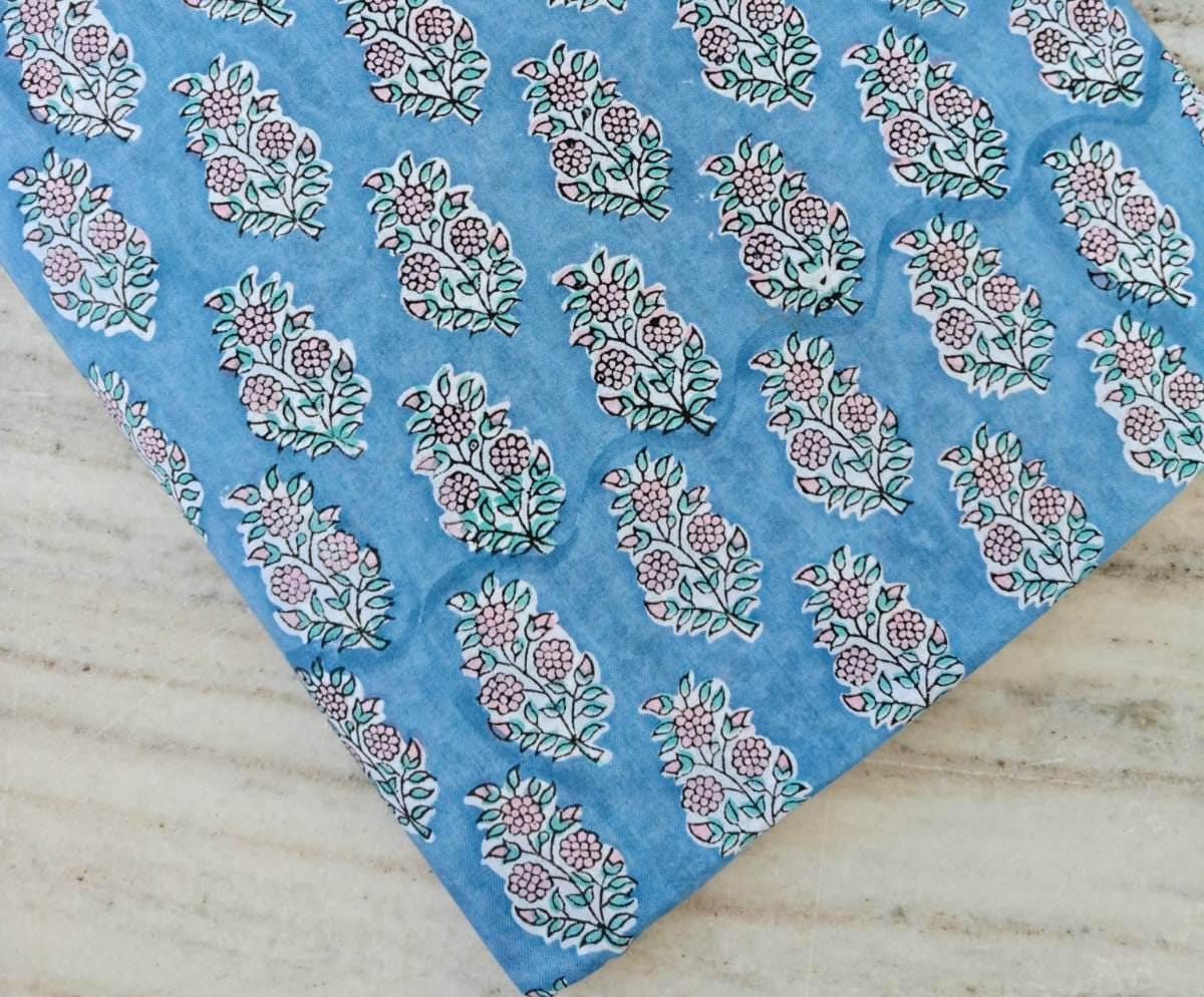 Blue Hand Block Print Cotton Fabric, White Floral Indian Fabric by the Yard, Fabric For Dressmaking, Loose Running Fabric, Personlized Gift
