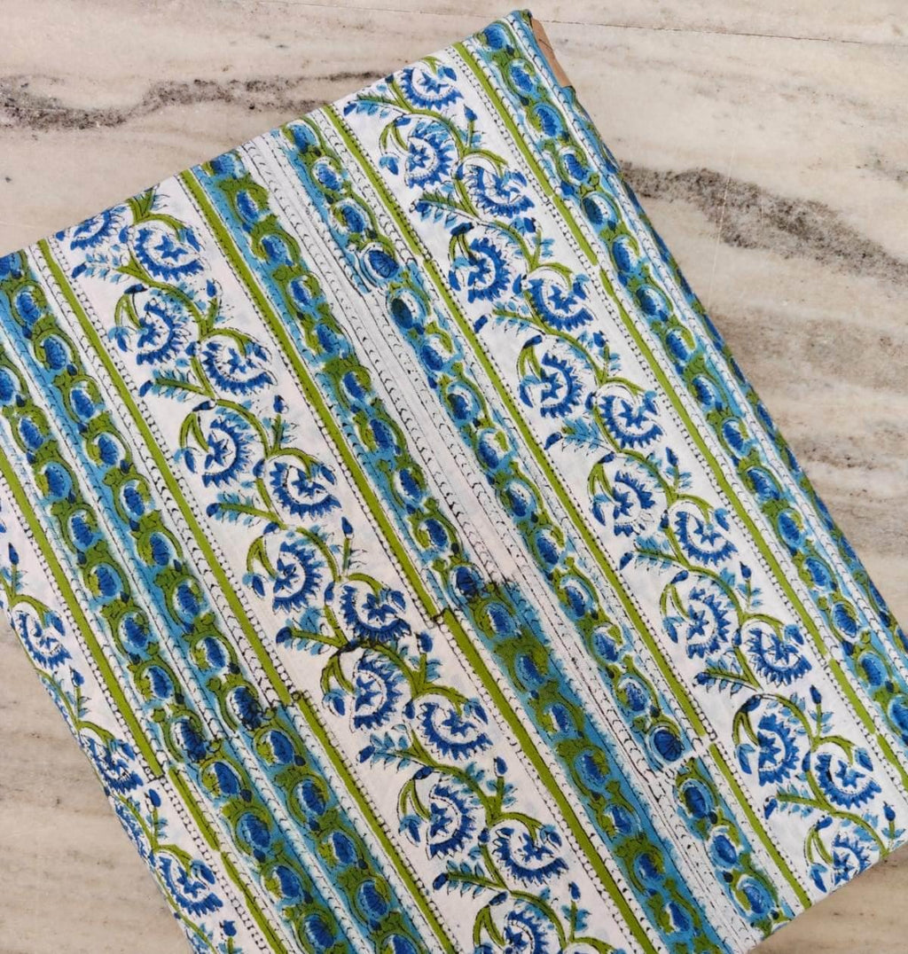 Blue & Green Floral Stripe Cotton Fabric by the Yard, Indian Block Print Cotton, Boho Border Print Fabric, Dressmaking Quilting Craft Fabric