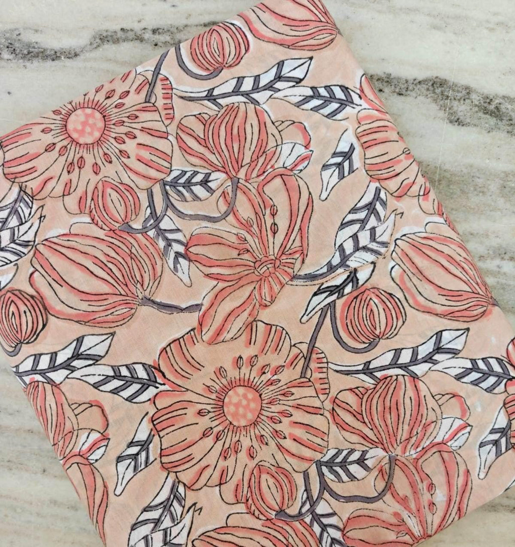 Large Floral Block Print Cotton Fabric, Peach Pink Indian Cotton, Hand Printed Boho Fabric for Dressmaking Quilting Sewing Projects, Napkins
