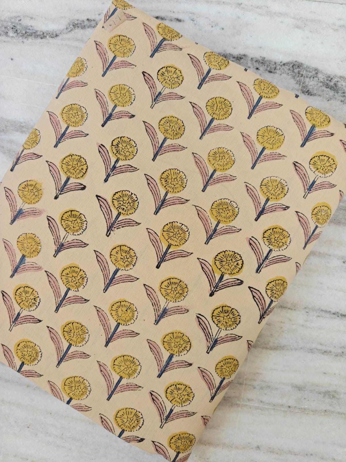 Block Print Cotton Fabric, Yellow Flower Motif on Beige, Handmade Indian Fabric for Sewing & Quilting, Fabric By The Yard, Running Fabric