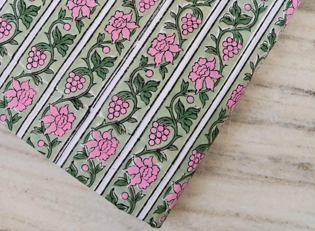 Green and Pink Indian Hand Block Print Fabric, Floral 100% Cotton Quilting Fabric By The Yard, Fabric For Dress Making, Loose Running Fabric