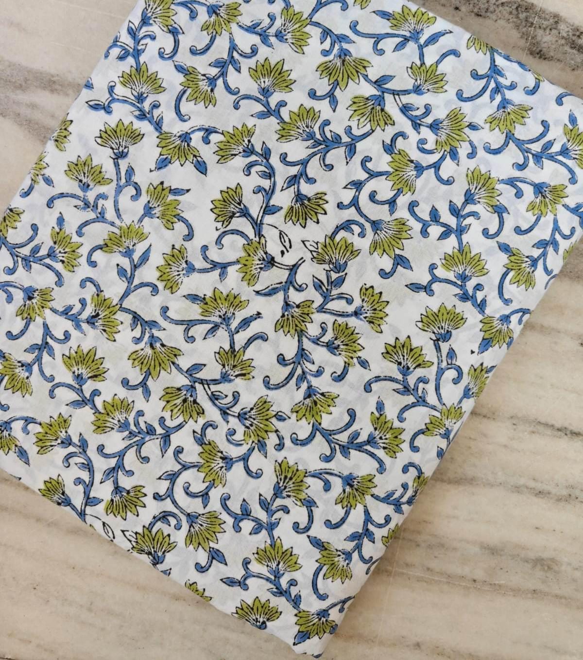 White Floral Vine Block Print Cotton Fabric by the Yard, Blue Green Indian Hand Printed Cotton, Soft Boho Sewing Quilting Fabric, Napkins