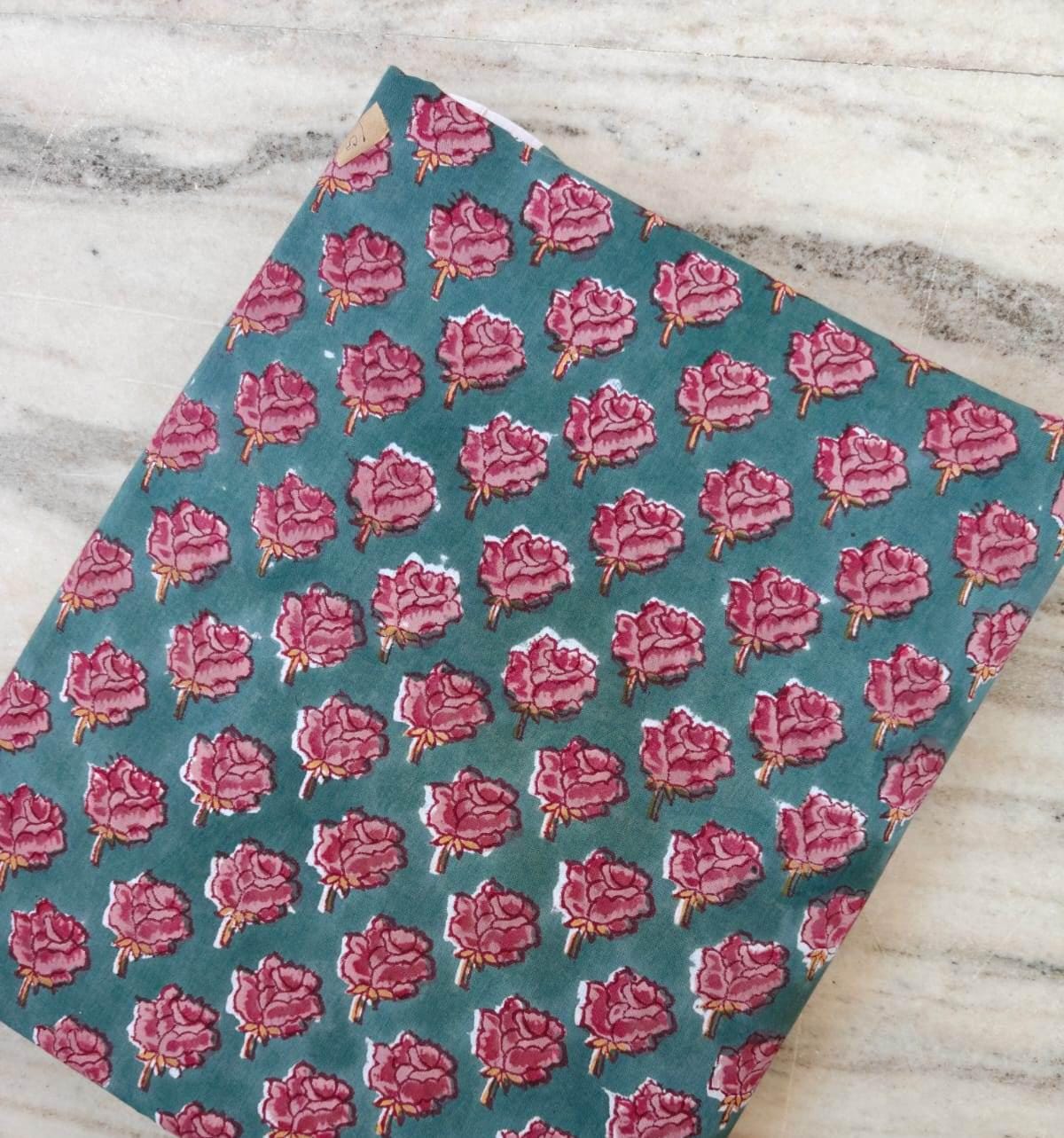 Teal Pink Floral Cotton Fabric, Small Block Print Flower Pattern, Indian Handmade Fabric, Boho Sewing Fabric by Yard, Loose Running Fabric