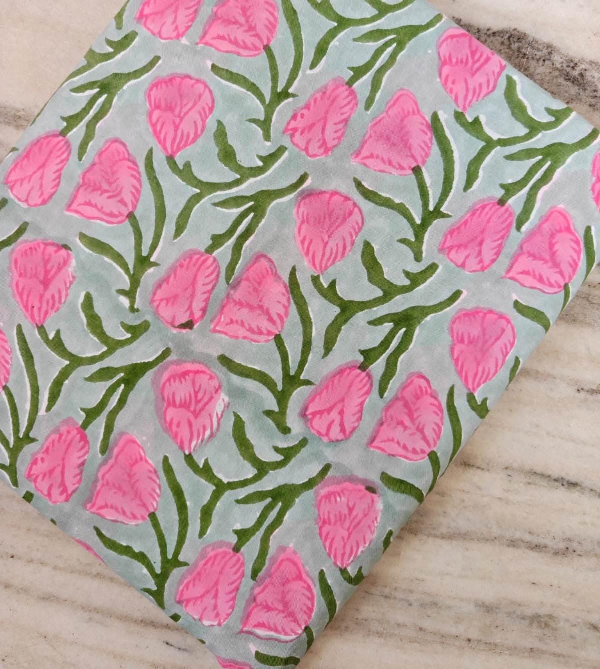 Pink Tulip Cotton Fabric, Floral Block Print Fabric, Grey Base Cotton Fabric by Yard, Indian Hand Block Print, Dressmaking Sewing Fabric