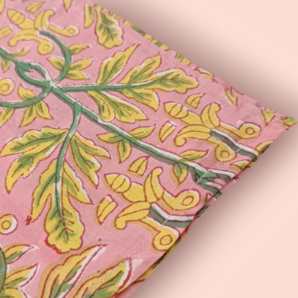 Pink Cotton Napkins with Yellow Green Floral Print | Hand Block Print Cloth Napkins | Reusable Dinner Napkins for Table Decor Dining