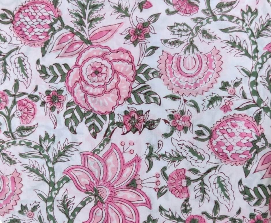 Pink Green Floral Cotton Fabric, Indian Hand Block Print by Yard, Soft White Fabric for Quilting, Dressmaking & Crafts, Textile Fabric Loose