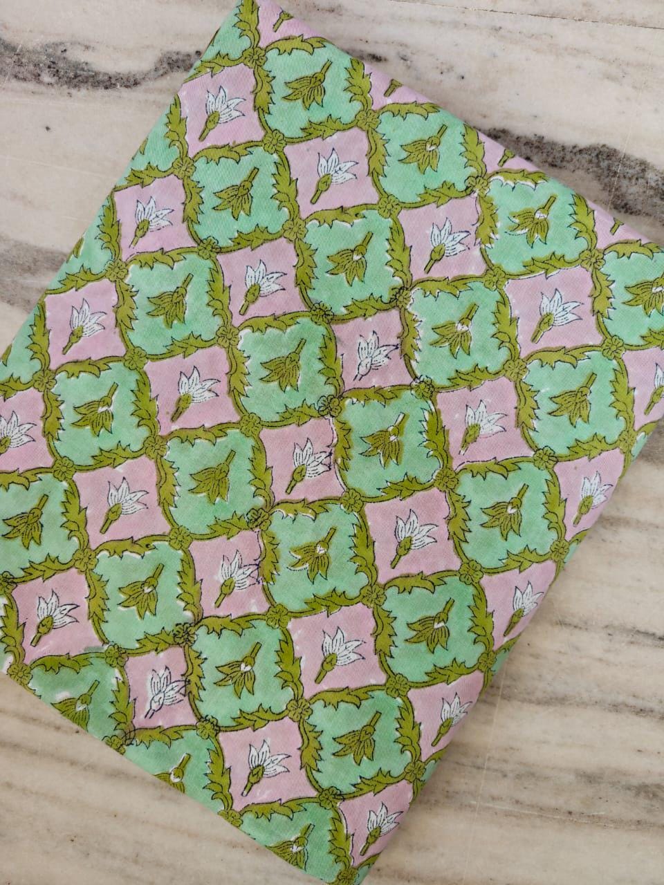 Pastel Floral Block Print Cotton Fabric, Pink Mint Green Indian Hand Block Print Fabric by Yard, Boho Cotton Fabric Quilting Dressmaking