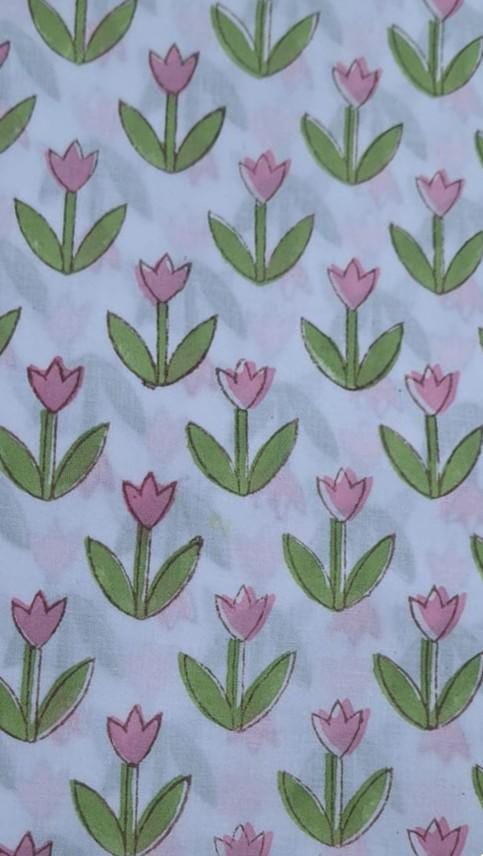 Pink Tulip Cotton Fabric, Floral Block Print Fabric, Indian Hand Block Print Cotton by Yard, Spring Flower Fabric, Dressmaking, Craft Fabric