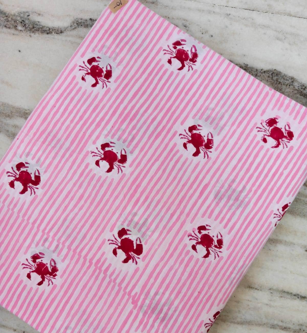 Pink Striped Crab Print Cotton Fabric, Nautical Coastal Fabric by Yard, Soft Cotton Textile for Sewing, Summer Dresses Bulk Fabric Available